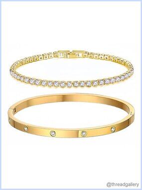 18K Gold Plated Tennis Bracelet Set 4mm Love Bangle 3mm Cubic Zirconia Stackable